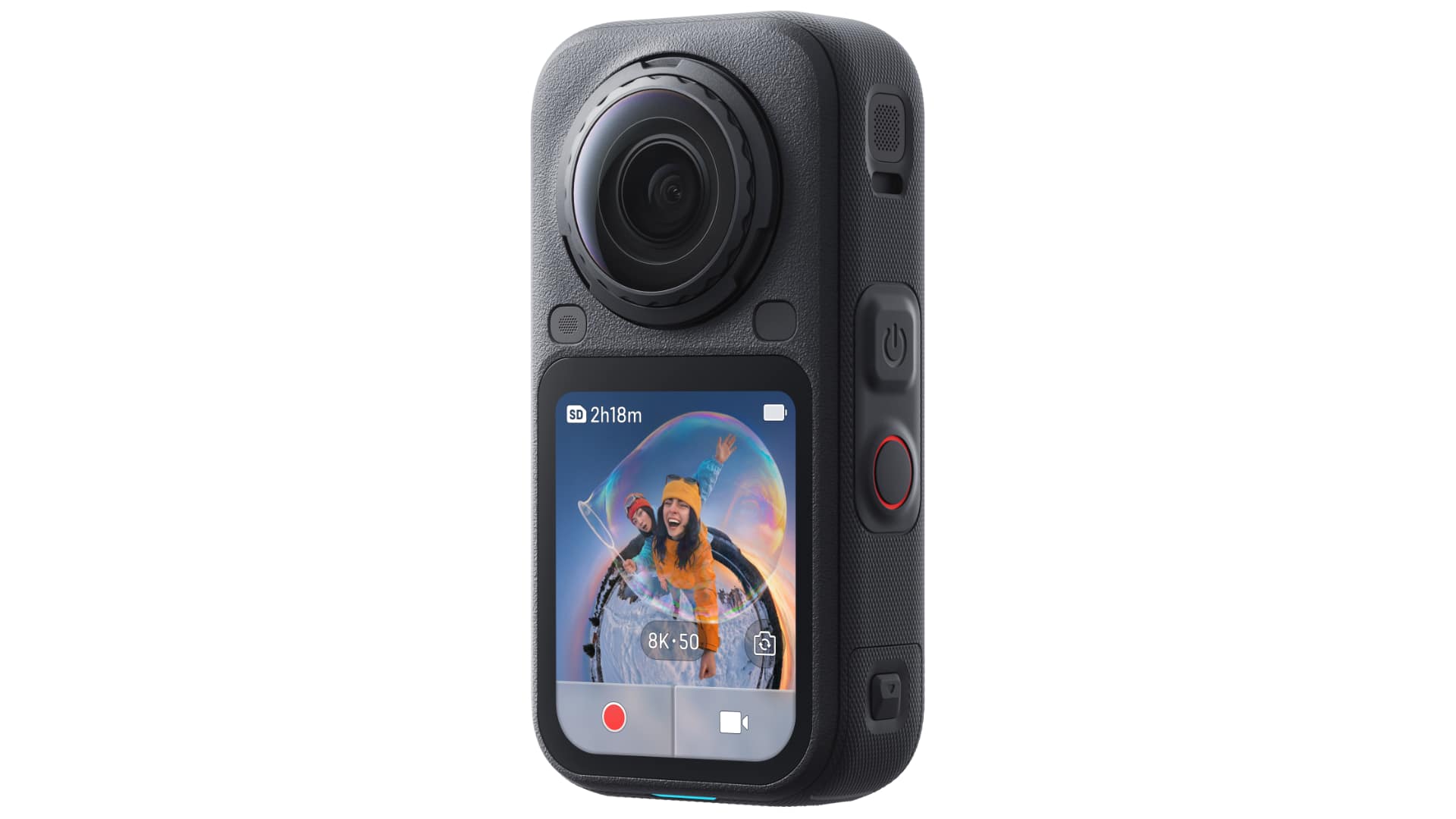 Insta360 X6 front view showing the dual-lens camera, shutter lock, power button, and record button