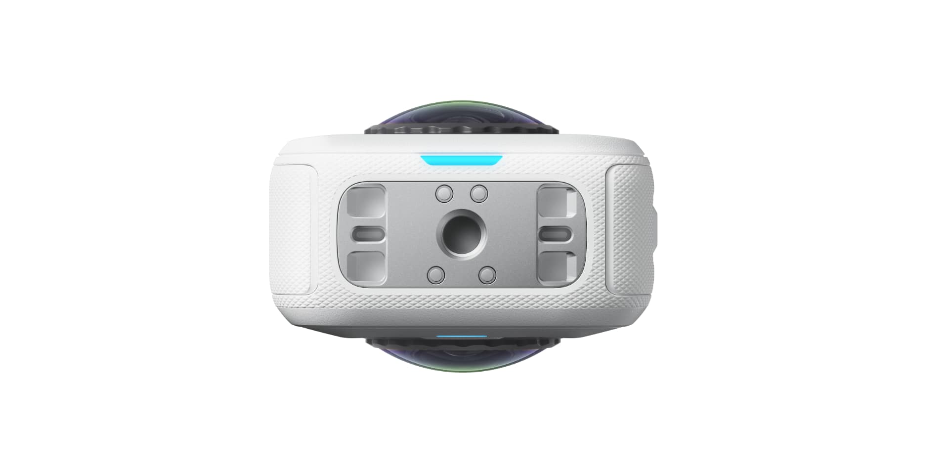 Insta360 X6 in Arctic White viewed from above, showing both fisheye lenses and the magnetic mount plate