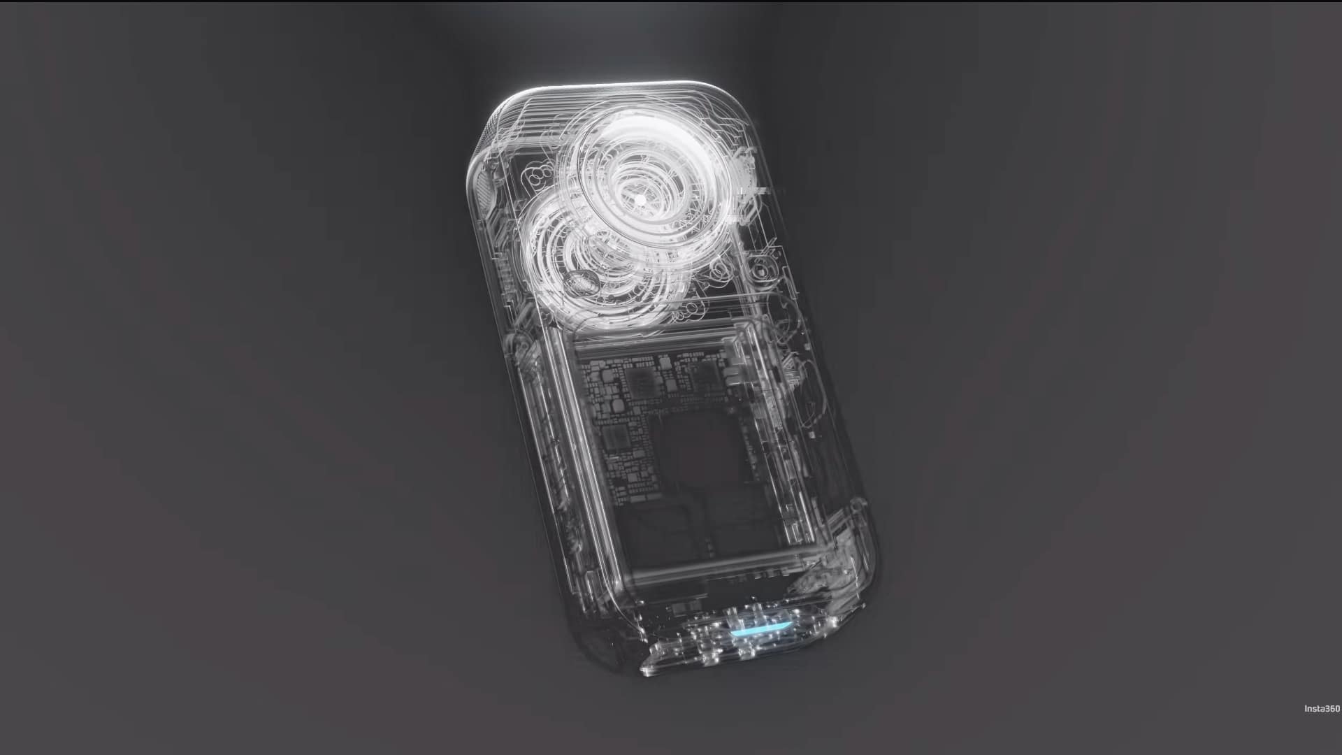 Insta360 X6 x-ray style render showing internal lens rings, dual sensors and circuit board from the teaser video