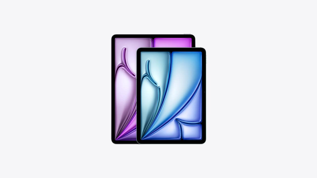 iPad Air in purple and blue finishes shown from the front
