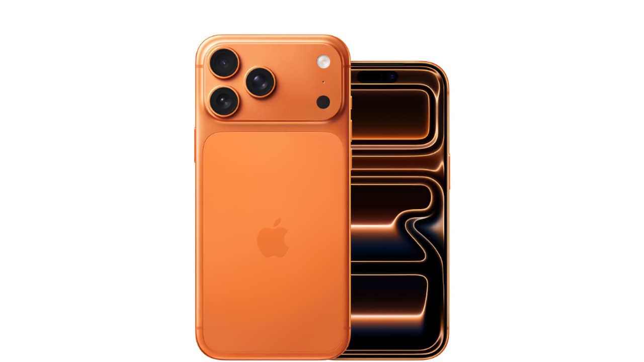 iPhone 17 Pro in orange showing rear camera housing and display edge