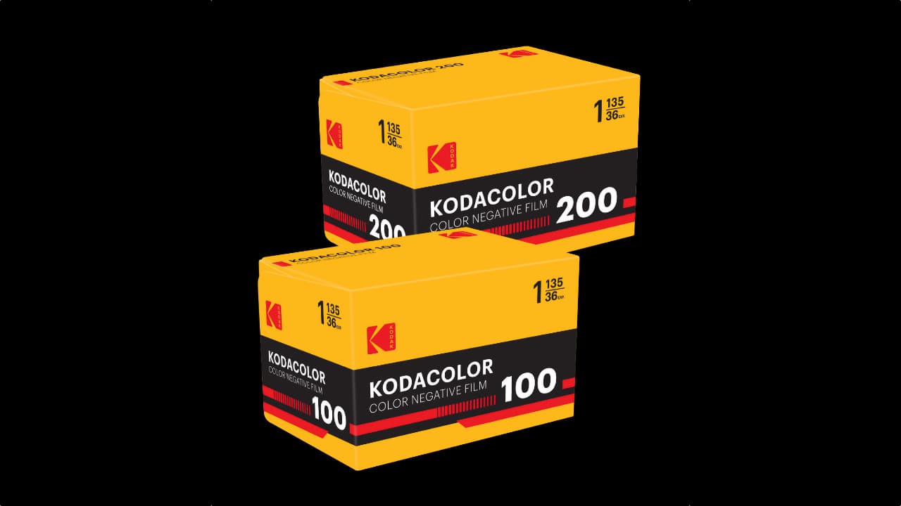 The image shows two boxes of KODAK COLOR NEGATIVE FILM. The top box is labeled '200' and the bottom box is labeled '100', indicating different film speeds.