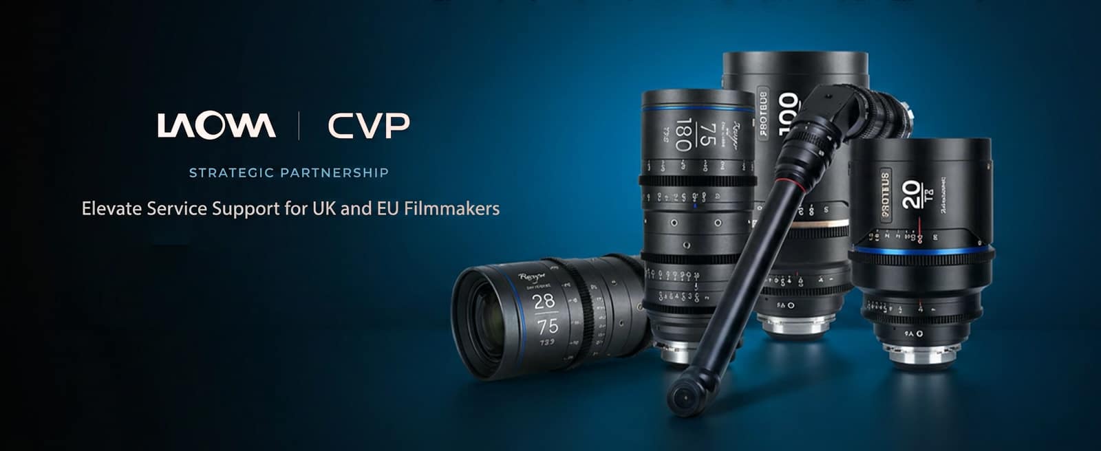 Laowa cinema lenses on display at CVP, now an authorized Laowa repair center for UK and EU