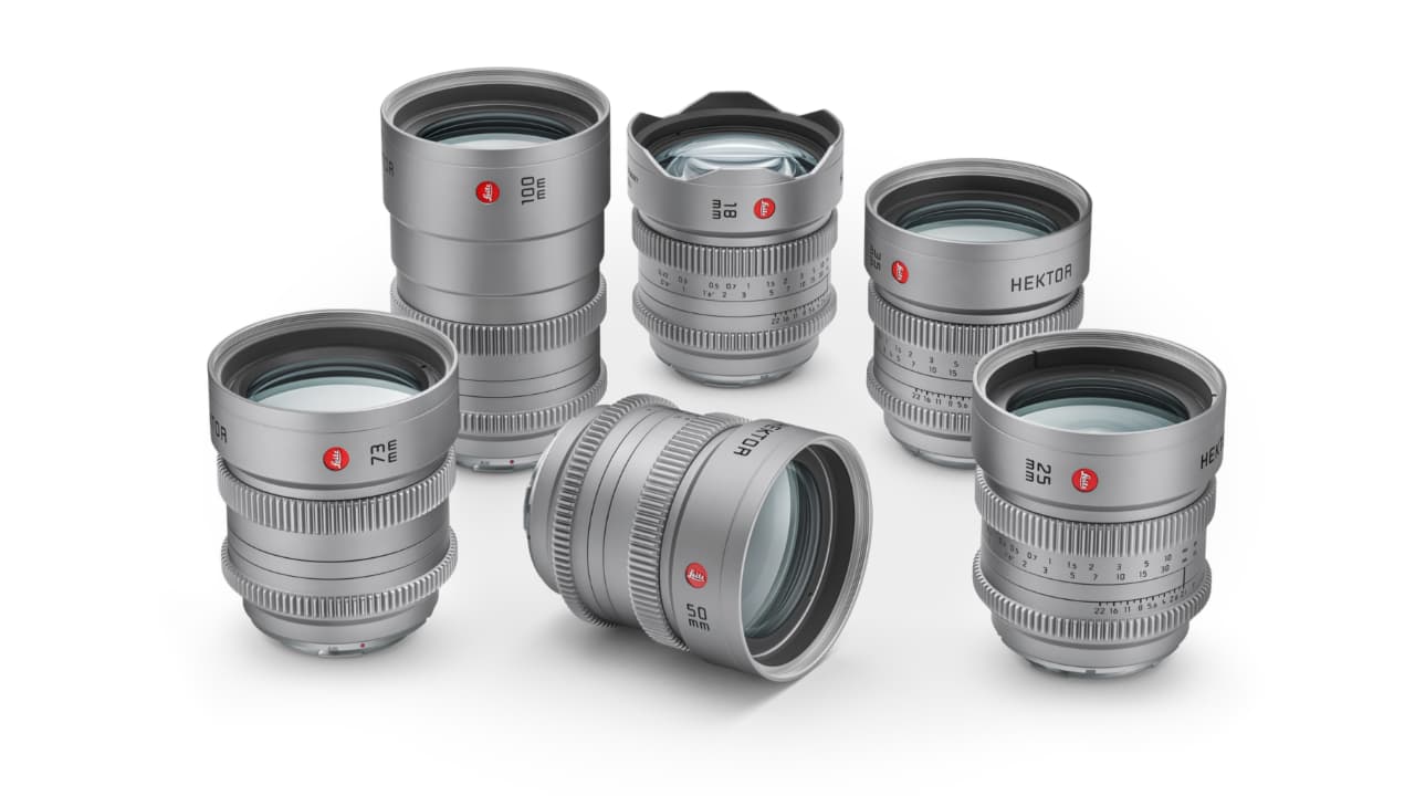 The image shows six camera lenses, specifically designed for high-quality photography. They are laid out on a white background with their caps off. Each lens is marked with the brand name 'HEKTOR' and has a red dot indicating the focal length. The lenses vary in size, suggesting different zoom ranges or focal lengths.