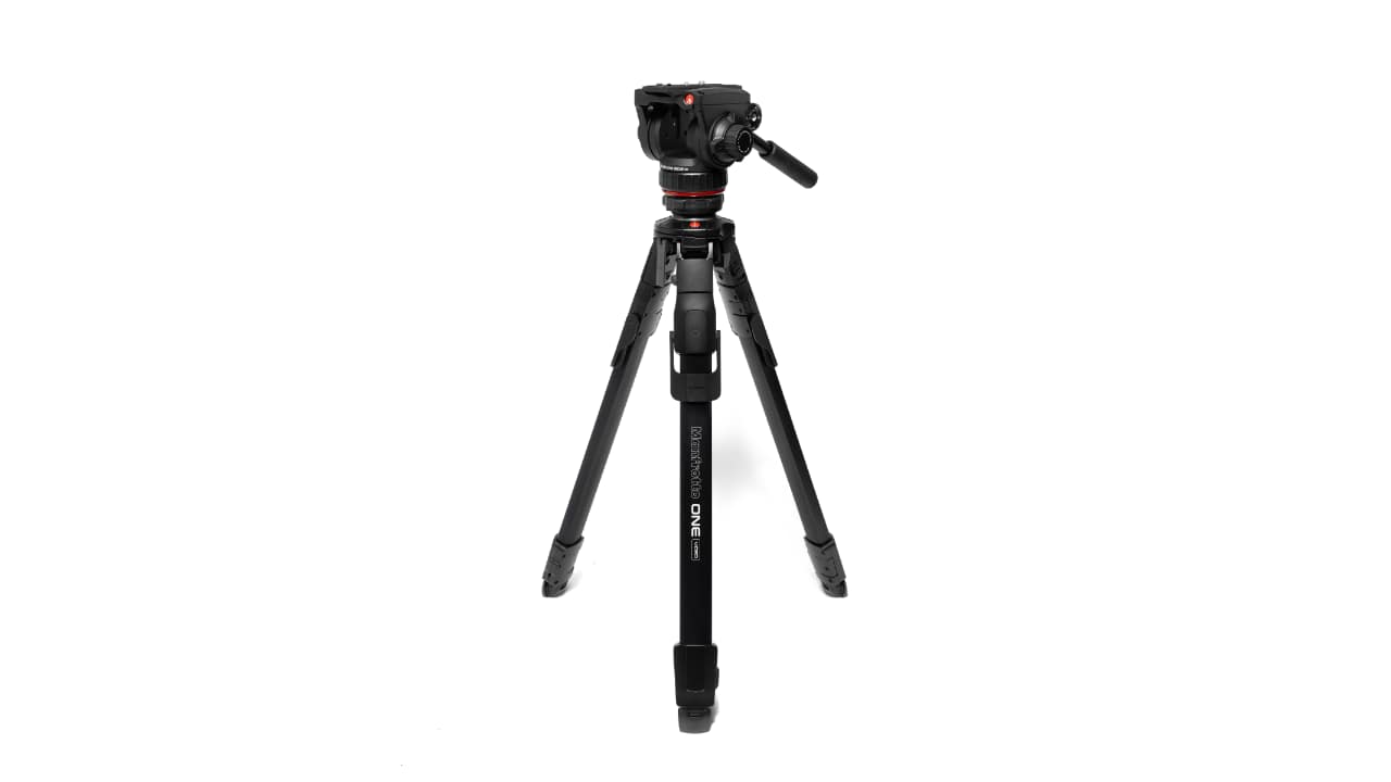 Manfrotto ONE Video tripod with fluid head mounted, shown on a white background