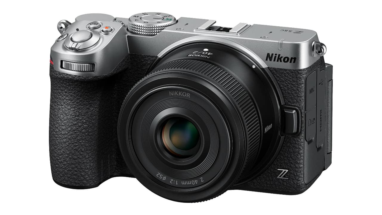 Nikon Z5IIC in silver with NIKKOR Z 40mm f/2 lens fitted and the side port cover visible