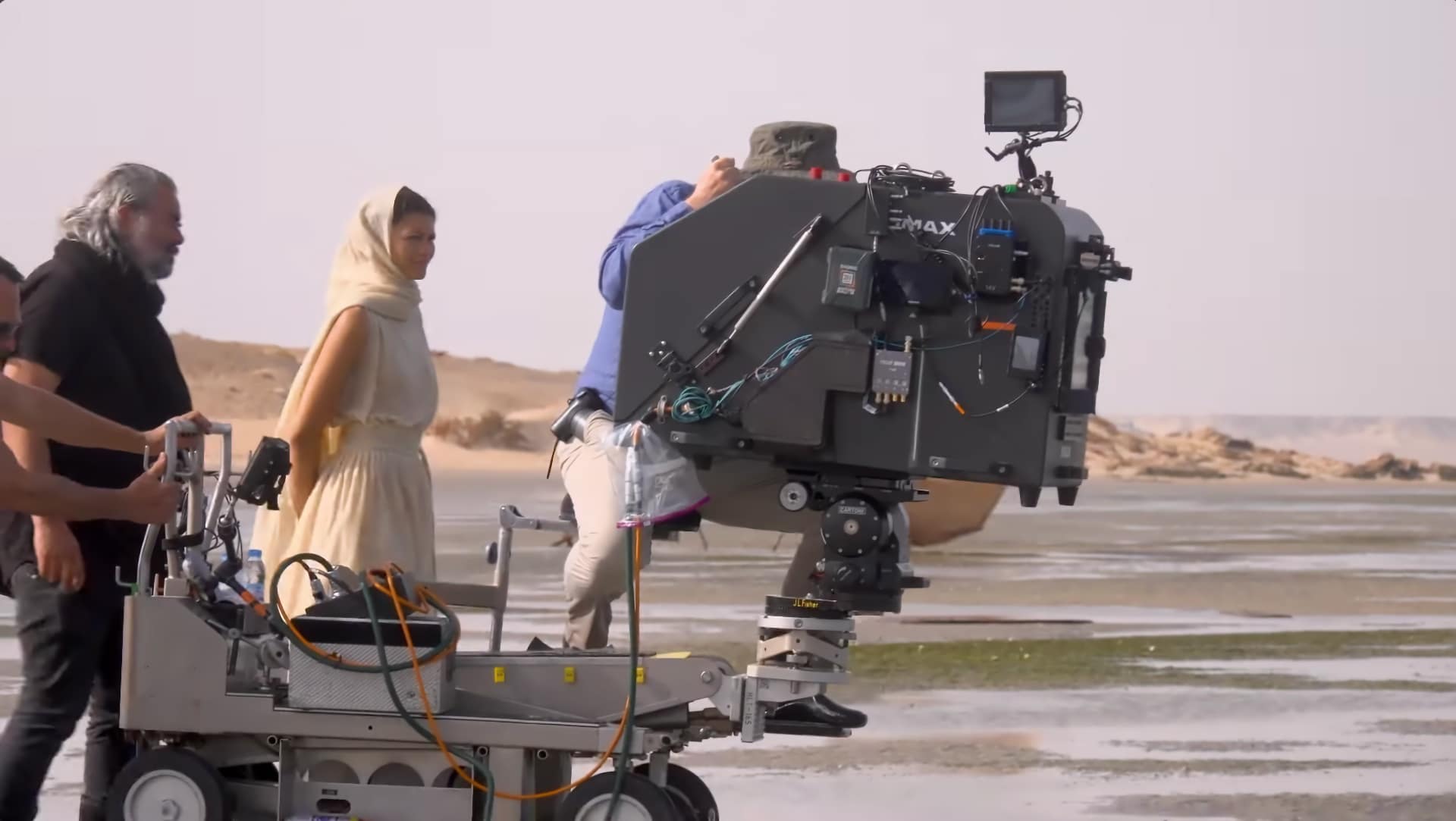 Blimped IMAX camera mounted on a wheeled dolly platform on The Odyssey's location