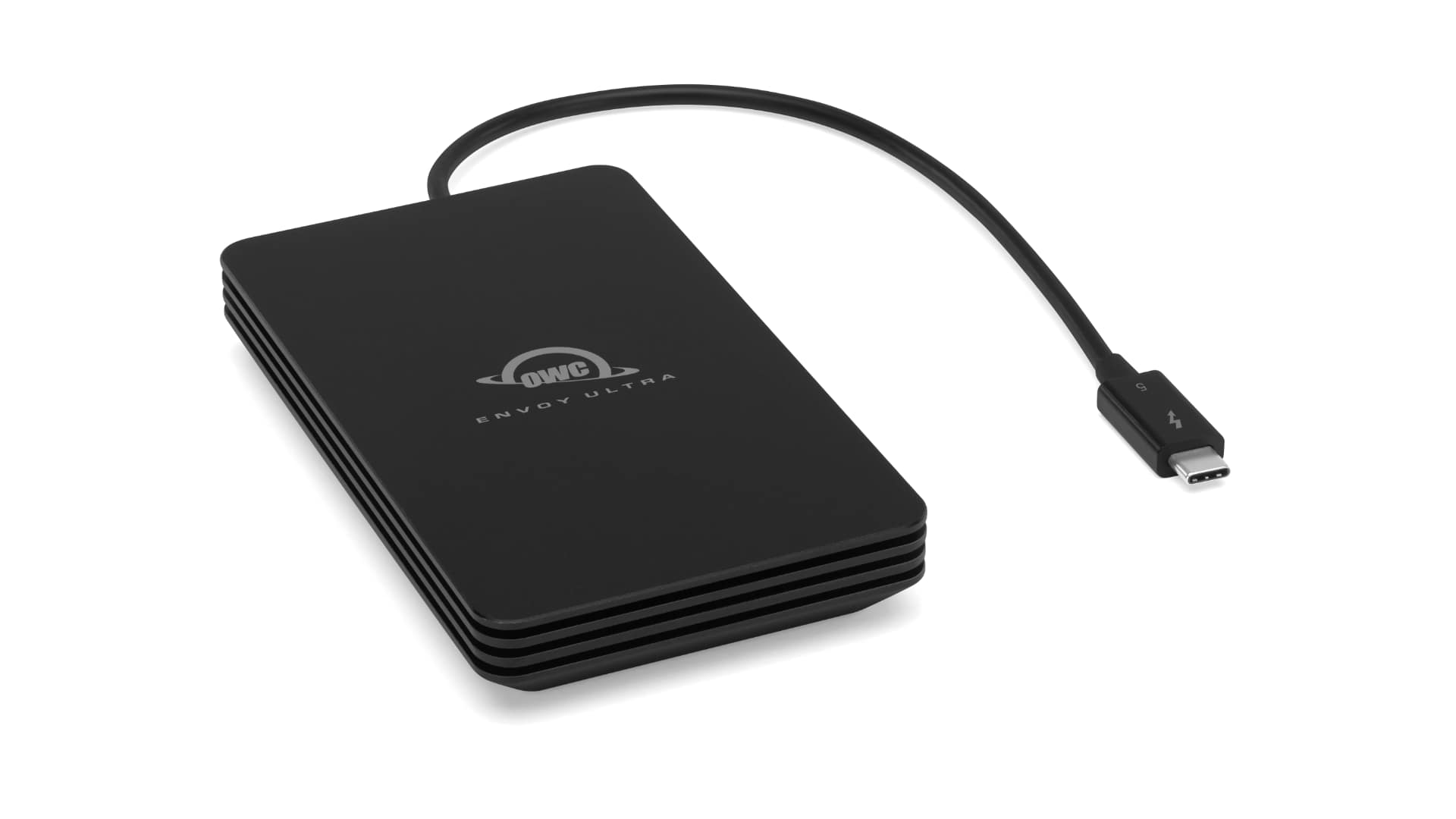 OWC Envoy Ultra Thunderbolt 5 portable SSD in black aluminum enclosure with attached USB-C cable, angled view