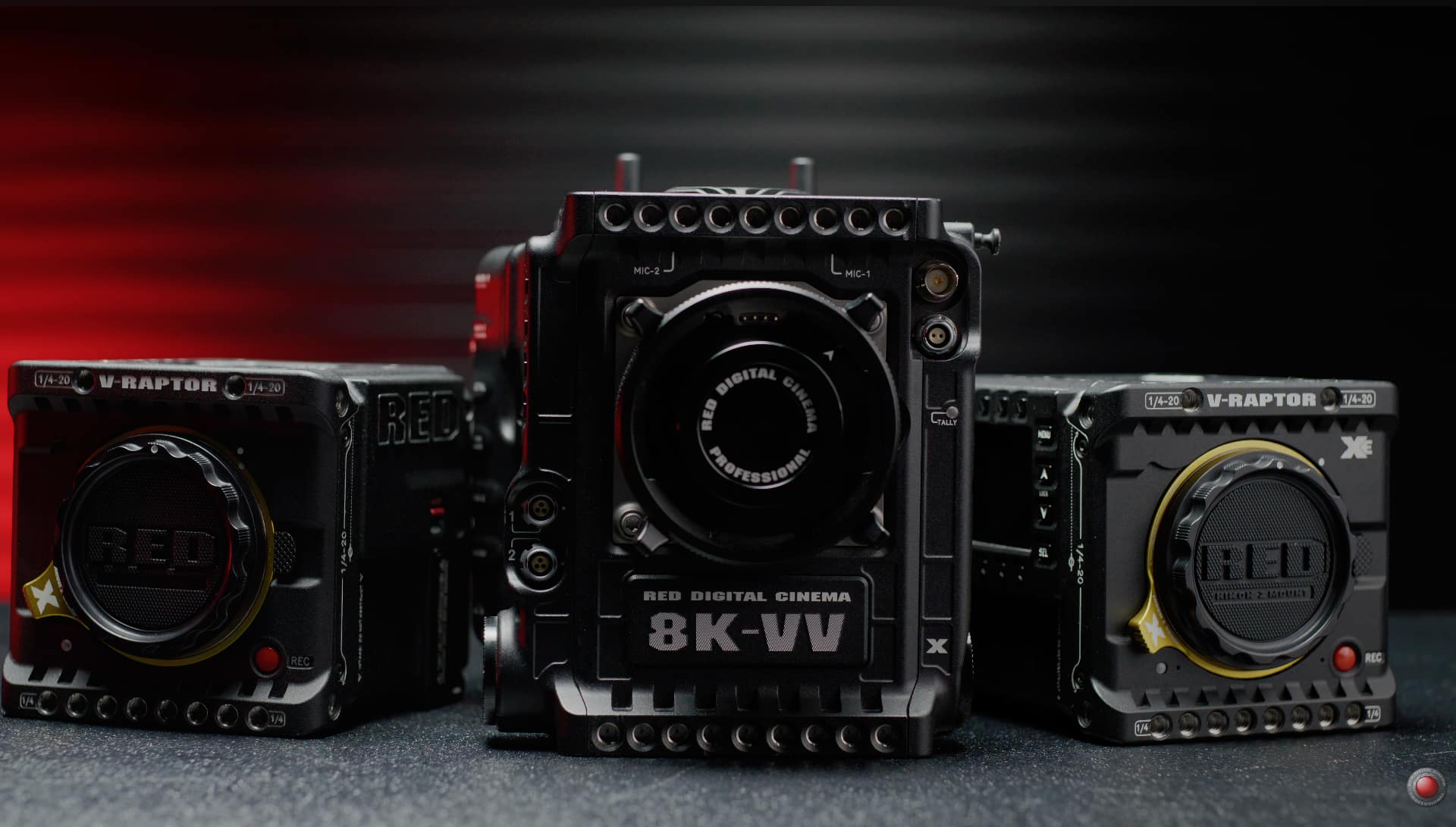  Three RED V-RAPTOR bodies (V-RAPTOR, V-RAPTOR X, V-RAPTOR XE) in a dark product shot with red lighting.