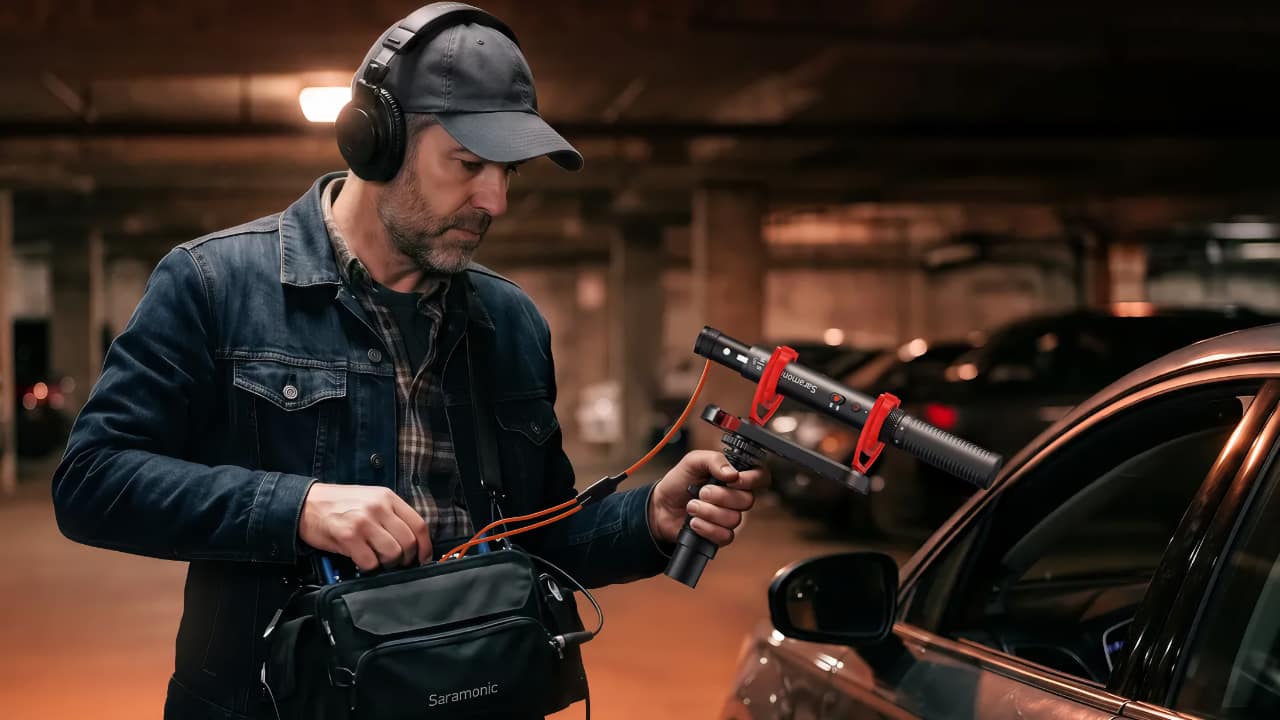 Saramonic SG MS1 mounted on a boom pole for location sound recording, connected to a recorder bag