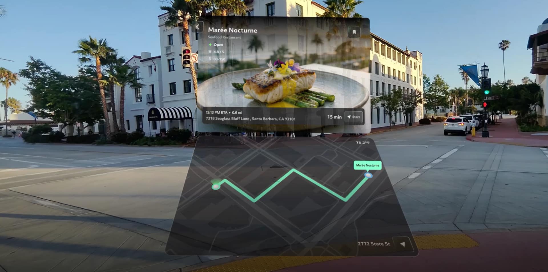 Snap SPECS AR navigation Lens showing restaurant info card and route map overlaid on a real street scene in Santa Barbara