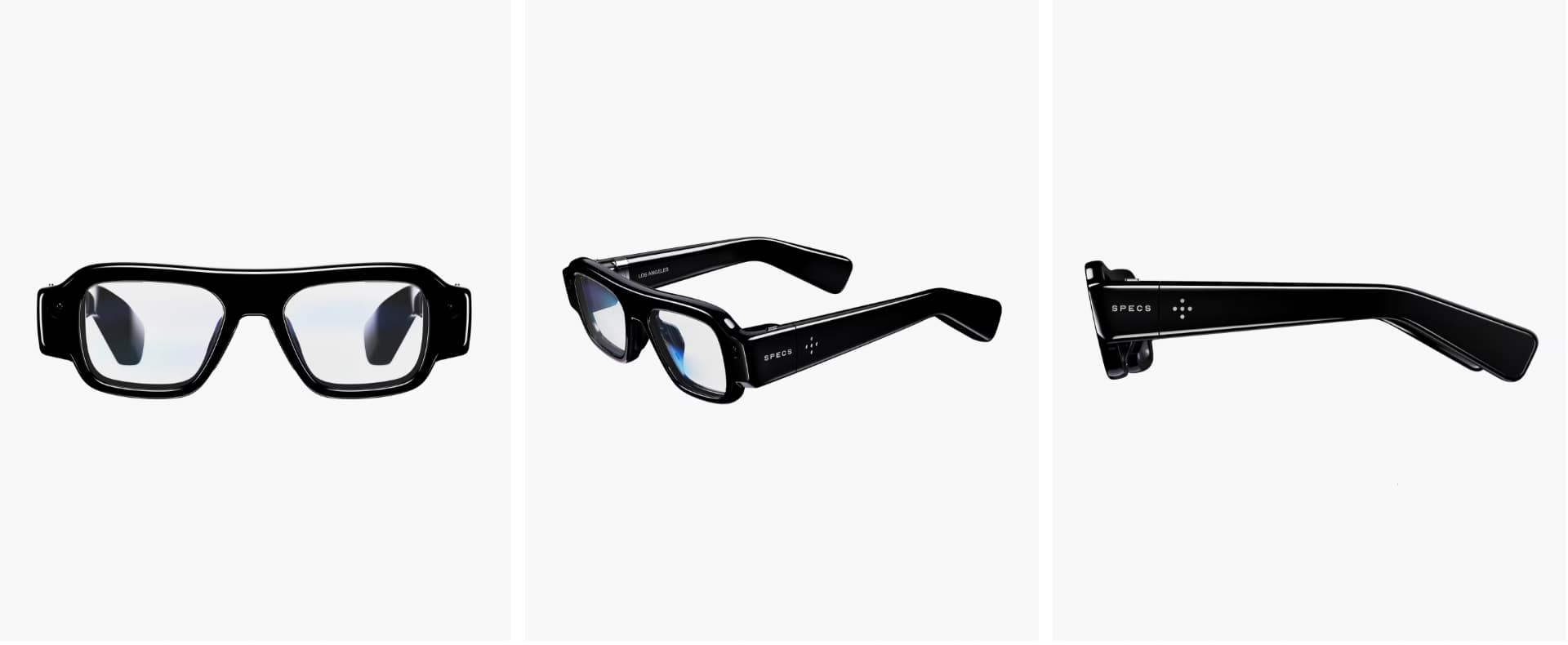 Snap SPECS AR glasses shown from front, three-quarter, and side angles revealing SPECS branding on temple and camera hardware