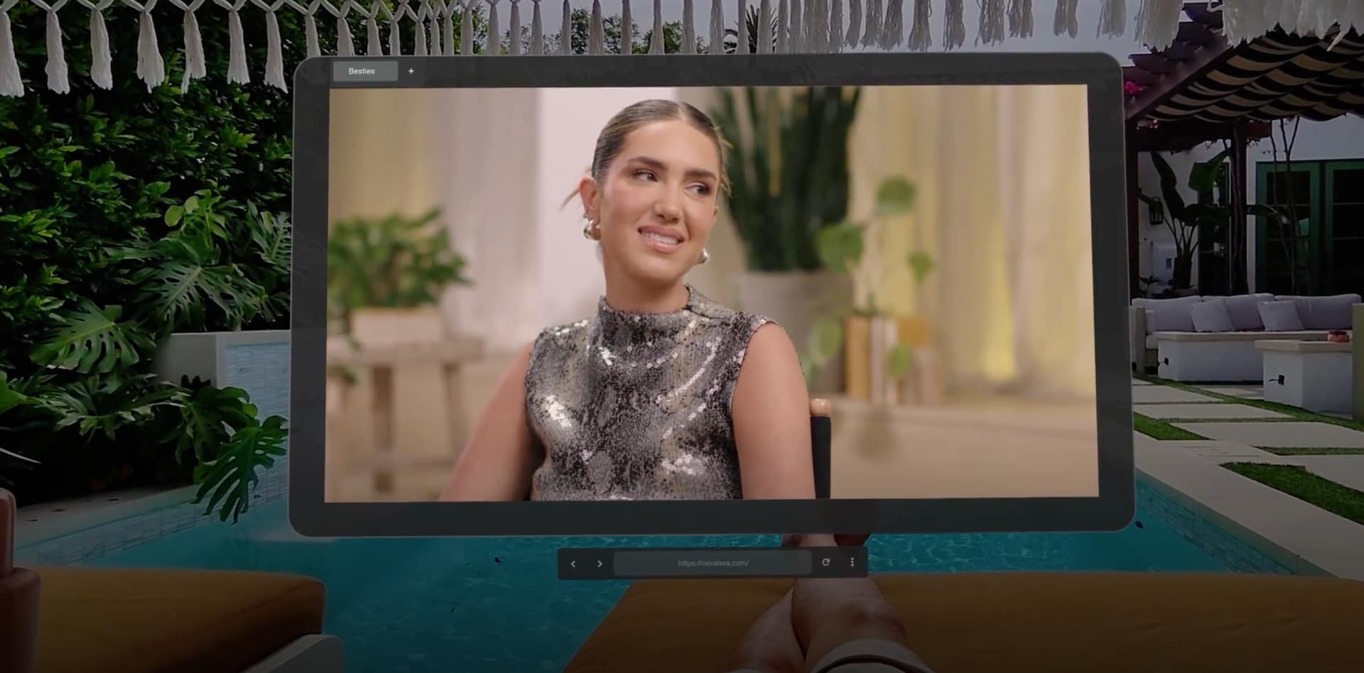 Snap SPECS AR display showing a video call AR overlay of a woman in a sequinned dress in an outdoor setting