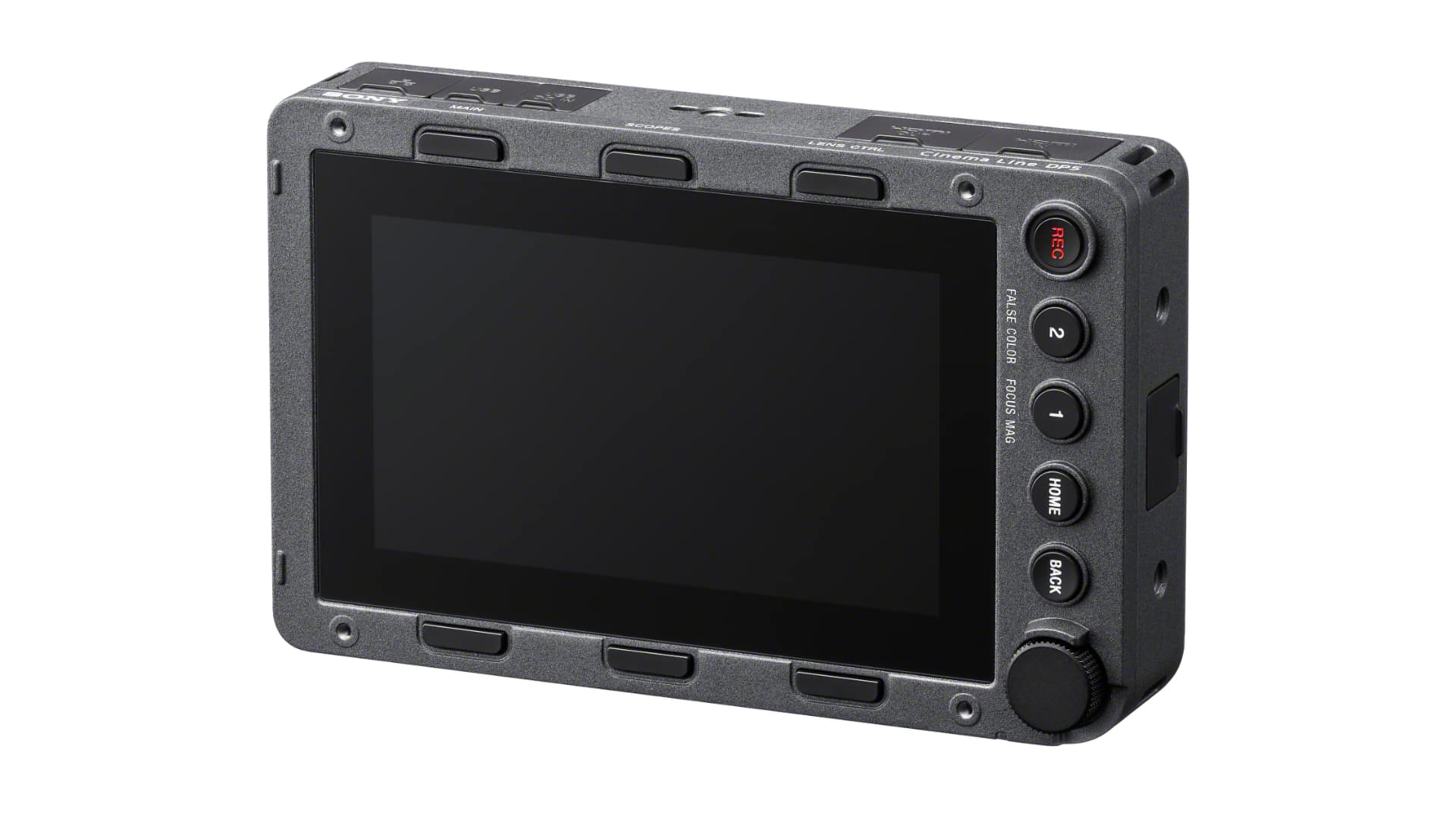 Sony RM-DP5 Cinema Line monitor at an angle showing Main, Scopes and Lens Ctrl buttons and control knob
