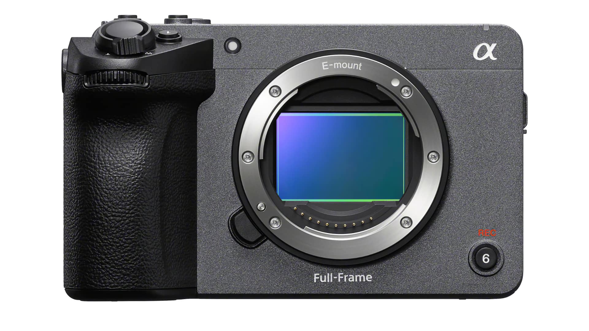Sony FX5 front-left grip and E-mount lens mount with full-frame image sensor visible