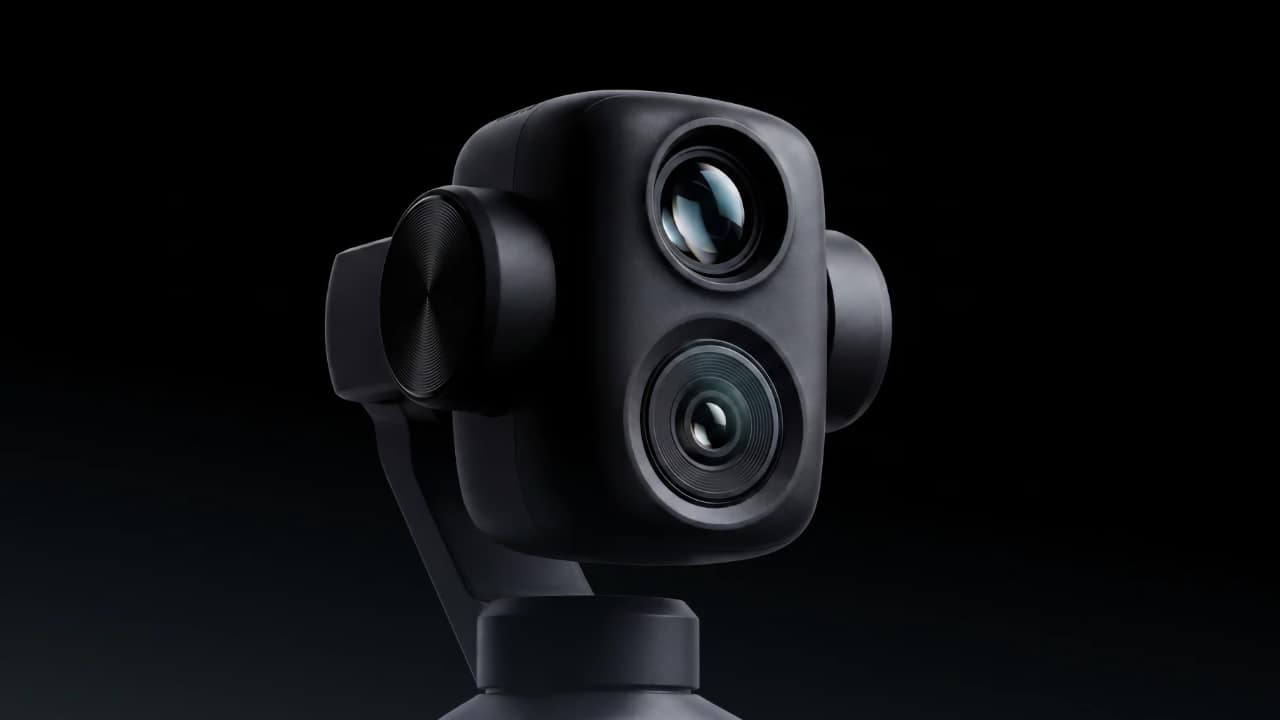 Xtra Muse 2 Pro camera head close-up showing dual lenses and gimbal arm against a black background