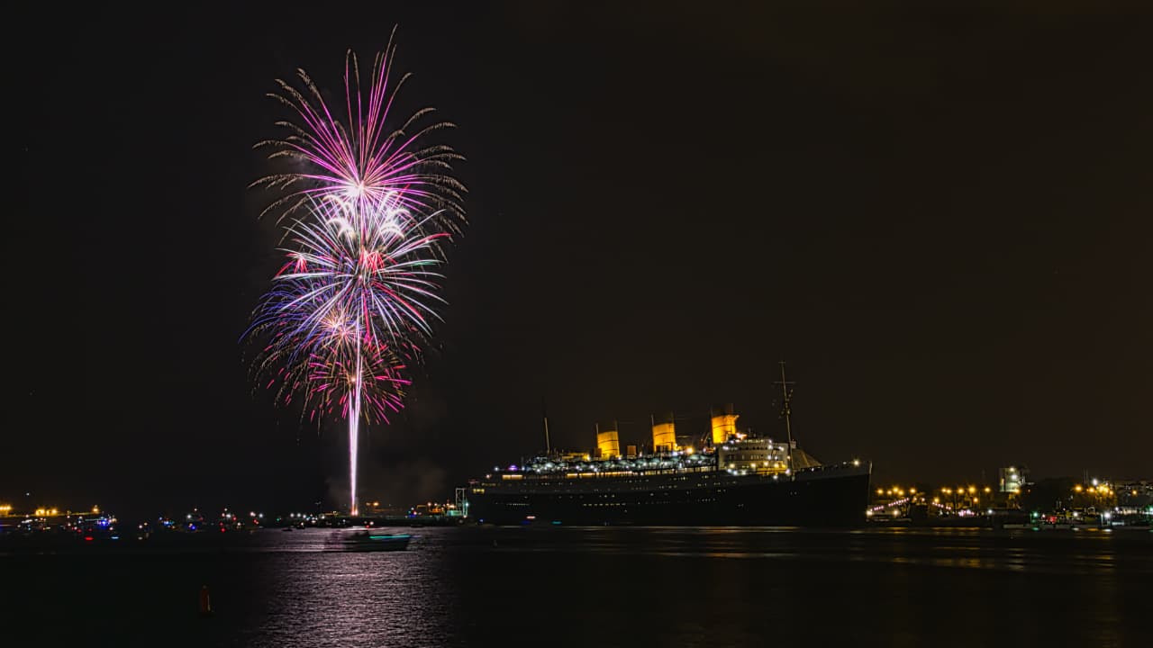 Fireworks above the Queen Mary in Long Beach,California. Pic: 