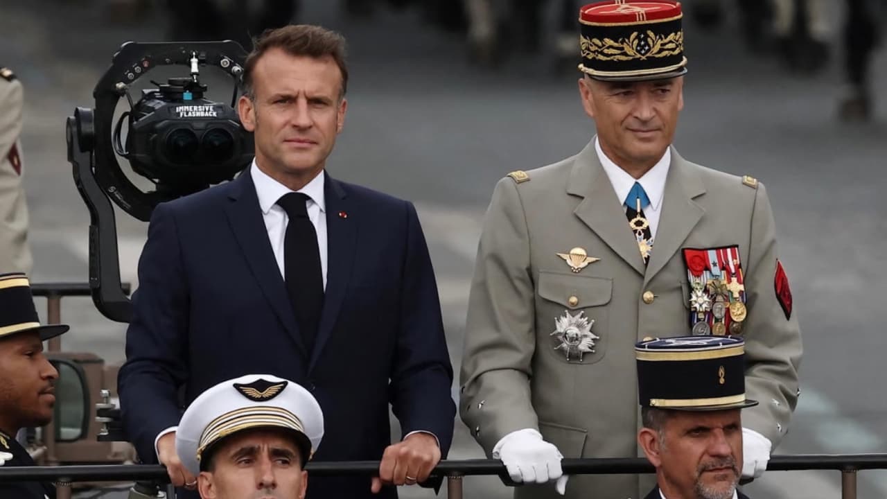 President macron, left, with the URSA Cine Immersive capturing his POV behind him