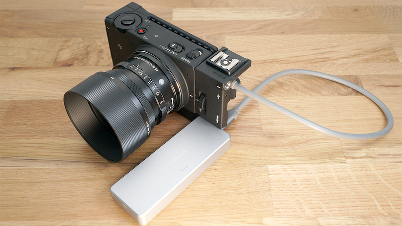 The Sigma fp hooked up to an external SSD