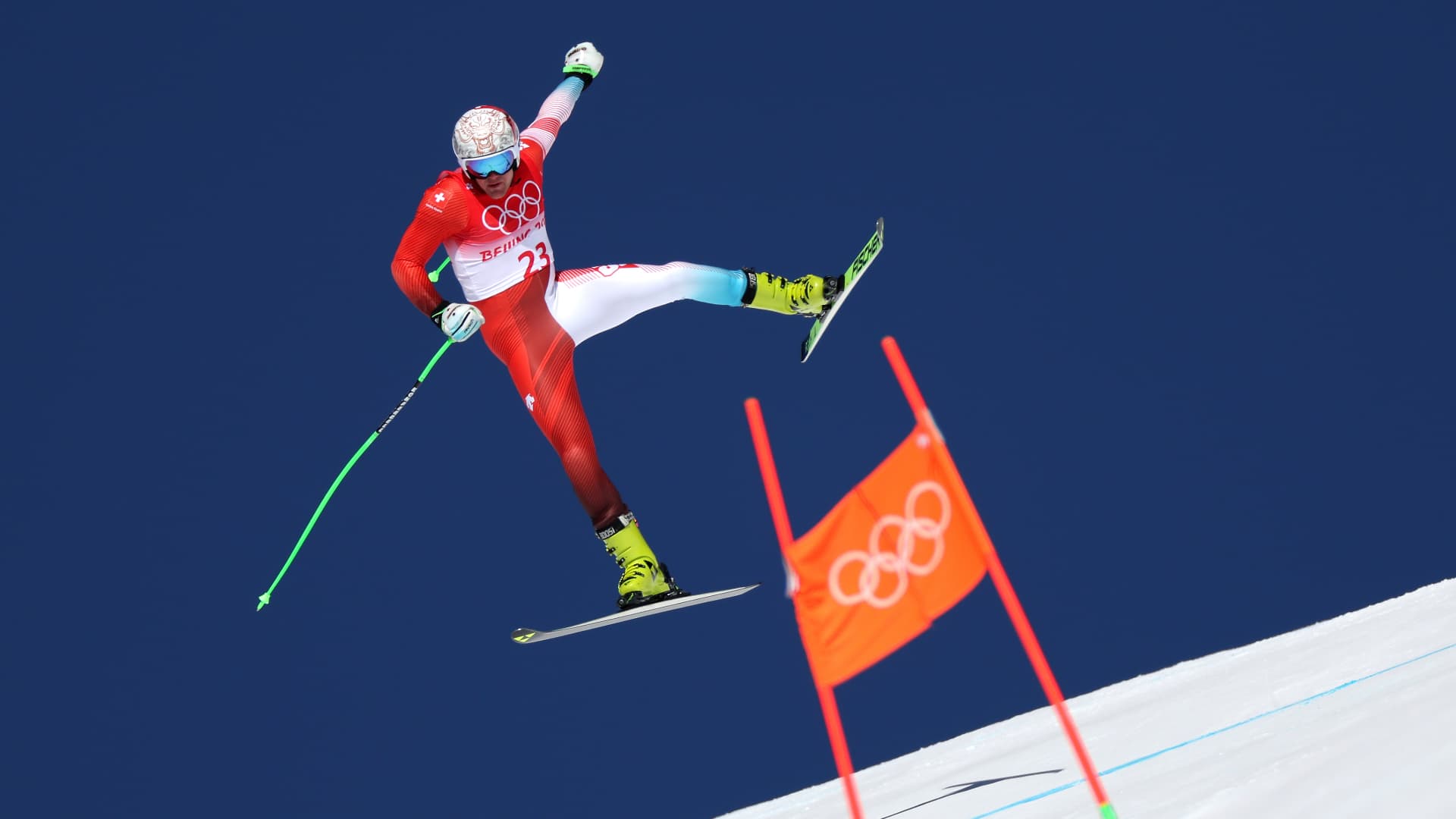 Stefan Rogentin of Team Switzerland in the Men's Downhill training ahead of the Beijing 2022 Winter Olympics. (Photo by Sean M. Haffey/Getty Images)