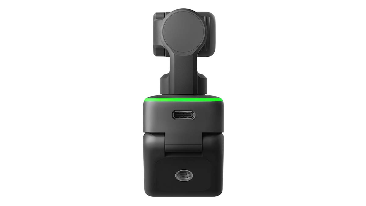 Rear view of the Insta360 Link webcam, showing the USB-C interface and the 1/4" screw mount.