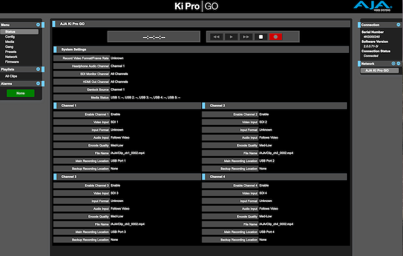 The Ki Pro GO setup interface.