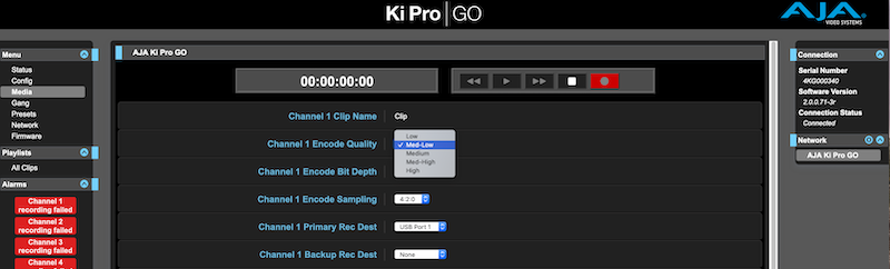 Ki Pro GO encoding quality settings.