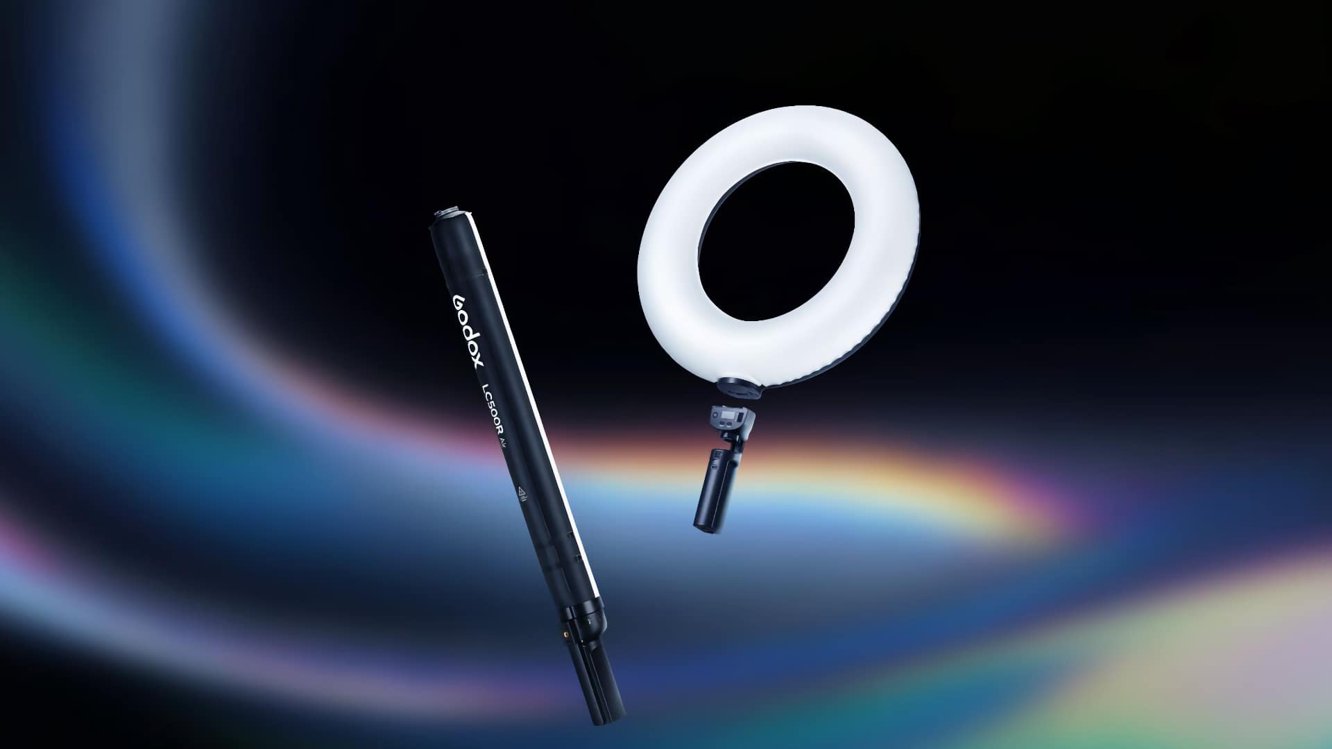 The Godox LC500R Air wand and LR150 Air ring light share a common battery grip and controller, making the two heads interchangeable on a single handle