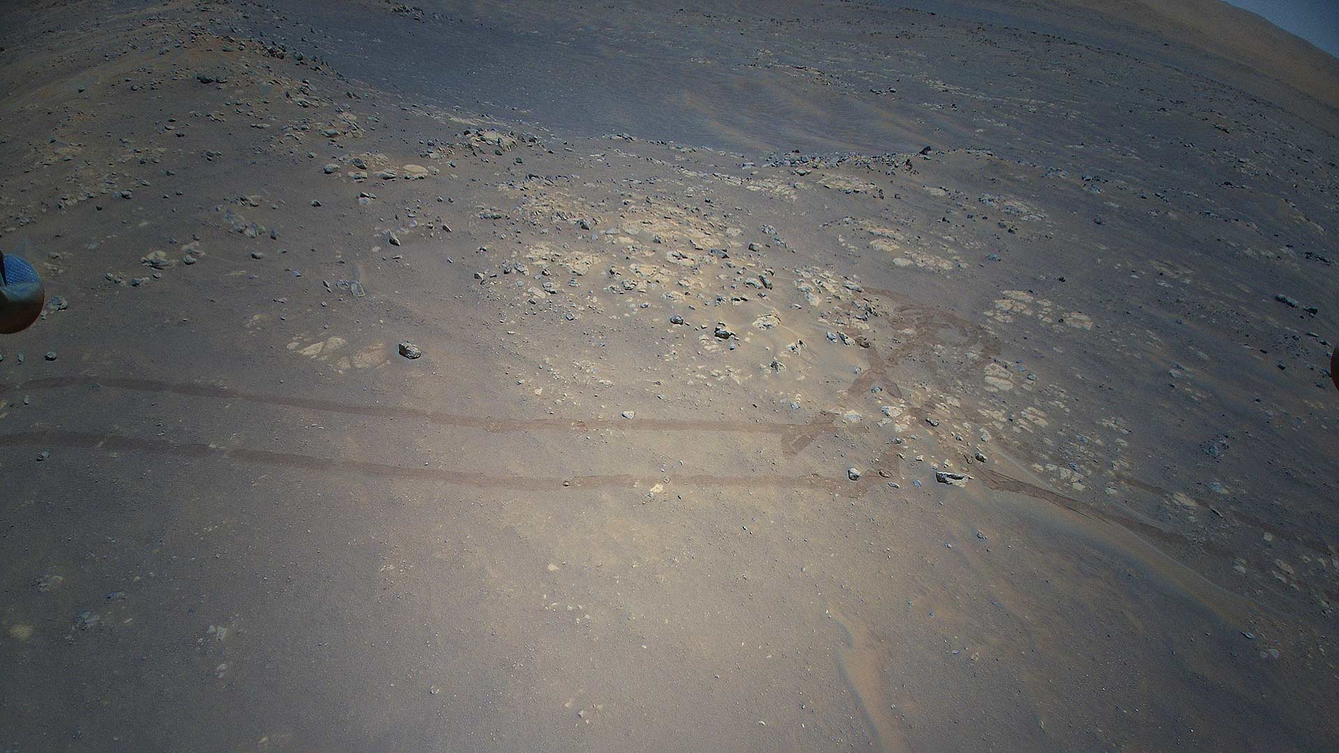 A view of Mars. The Ingenuity helicopter photographs the tracks from the Perseverance rover. Image: NASA/JPL-Caltech.