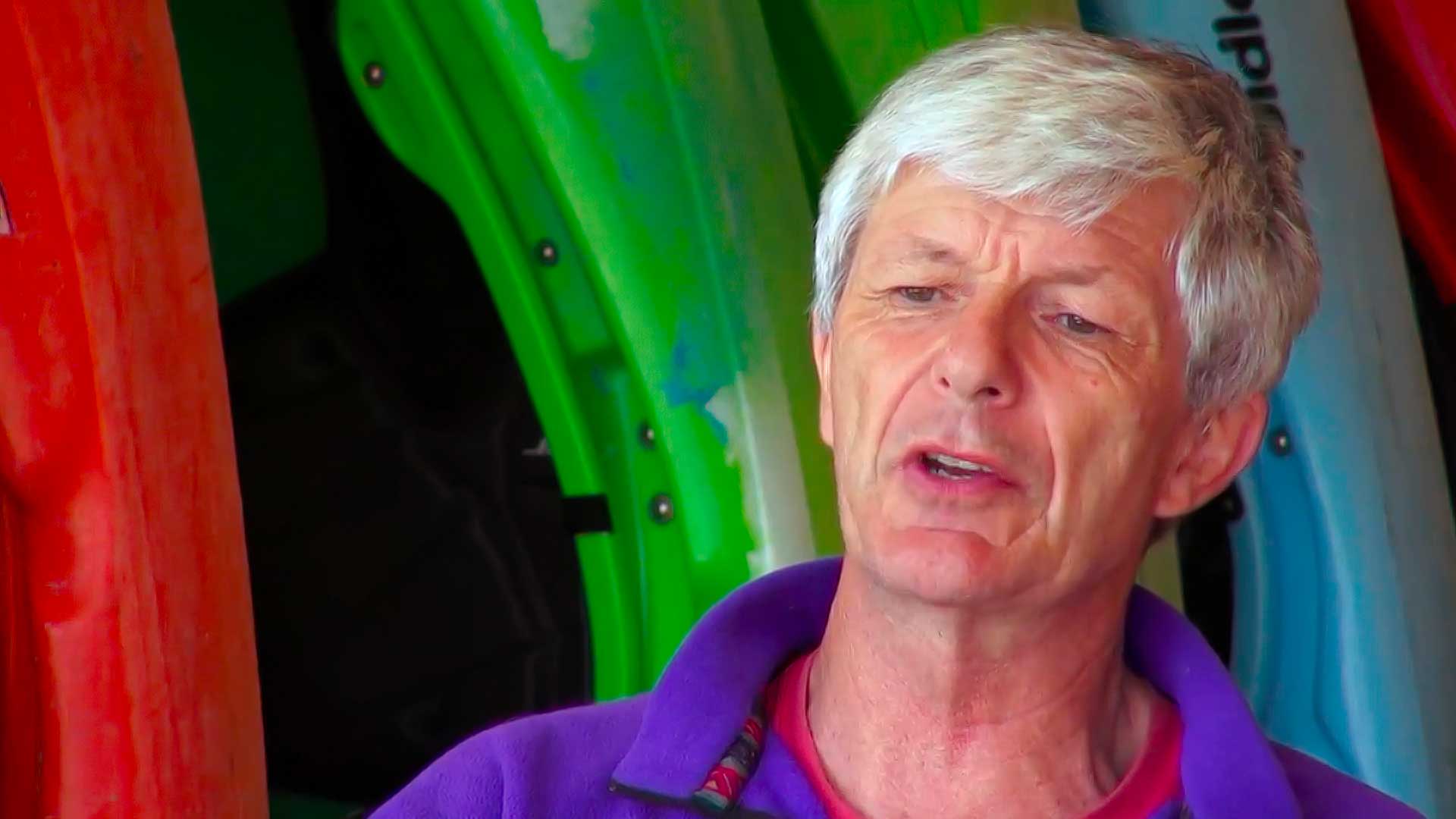 Kayaking legend Mick Hopkinson being interviewed for the documentary