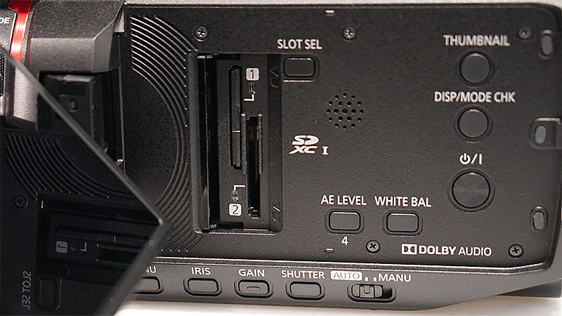 SD card slots and side controls on the AG-CX10.