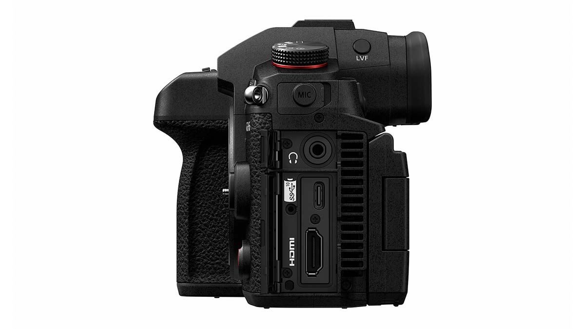 Side view of the Panasonic GH6 showing the HDMI and USB-C ports. Image: Panasonic.