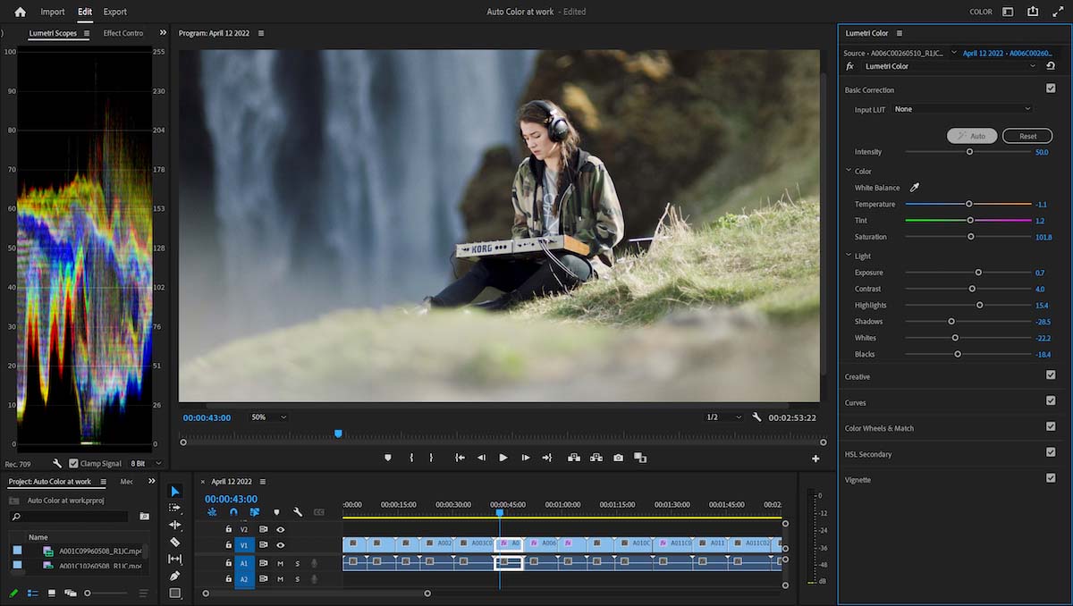 Auto colour within Premiere Pro. Image: Adobe.