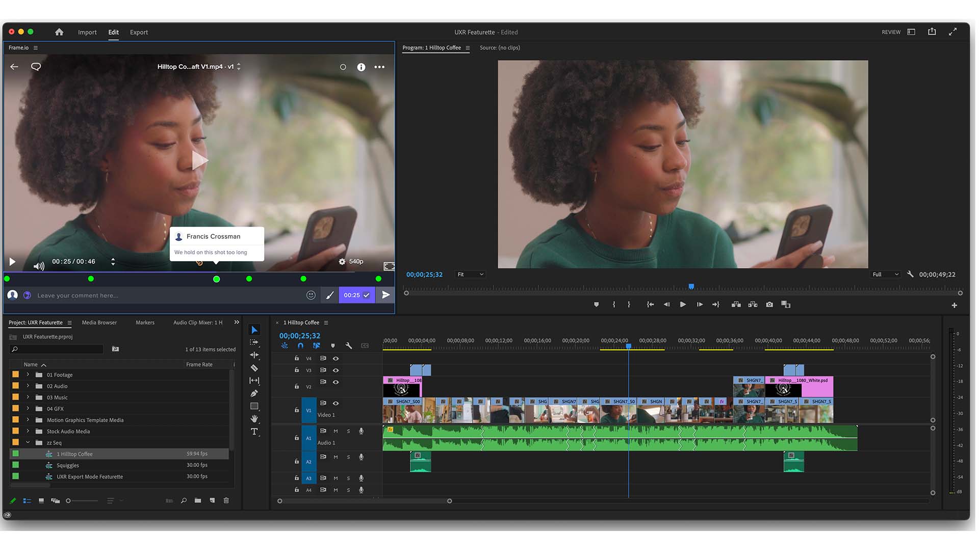 Frame.io commenting within Premiere Pro. Image: Adobe.