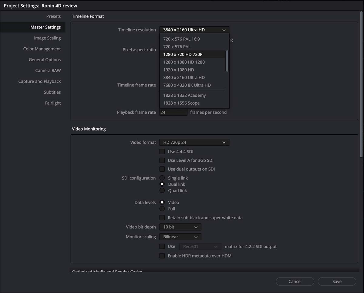 DaVinci Resolve project settings.