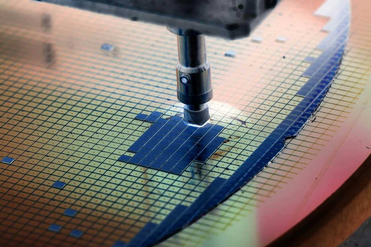 A silicon wafer die during manufacture.