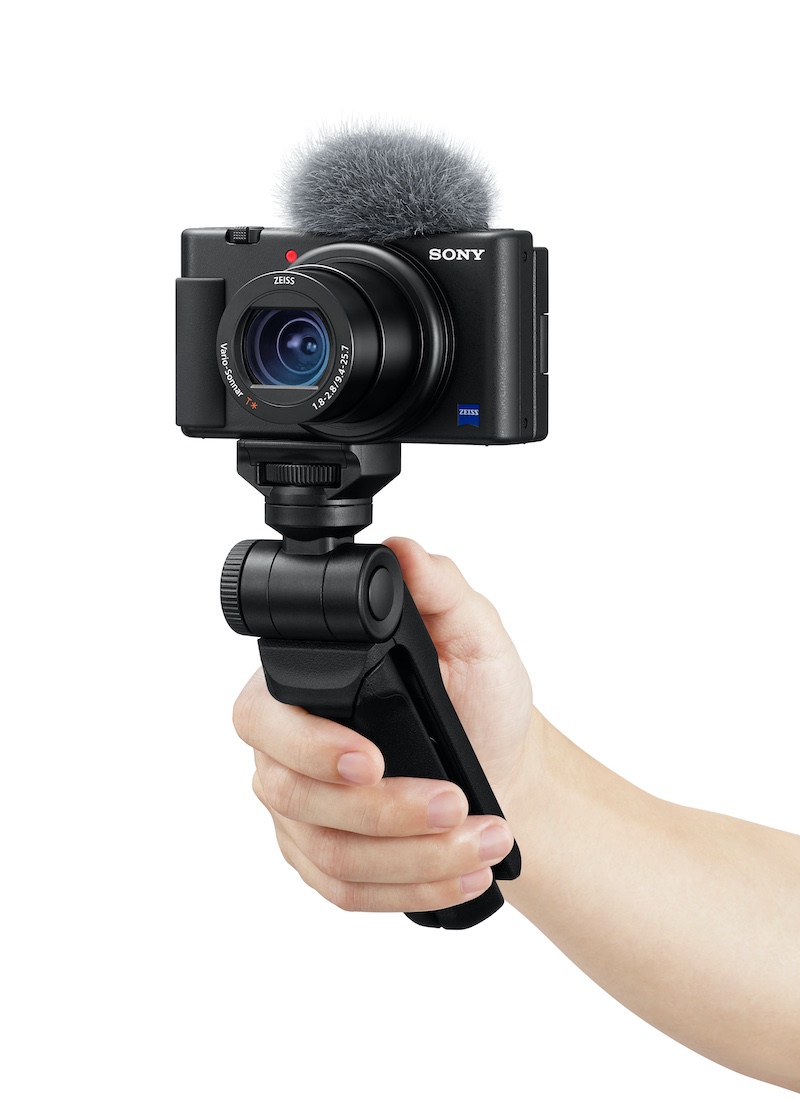 The Sony ZV-1 Vlog camera on a hand grip