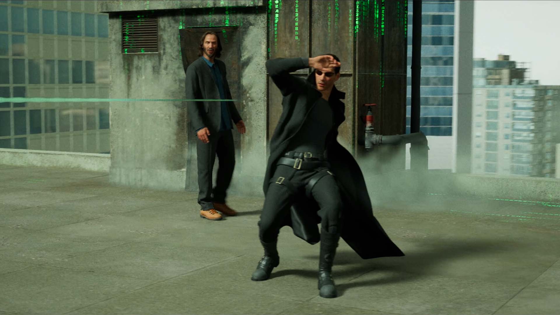 The real Keanu Reeves walks around a virtual Unreal Engine 5 recreation of the famous Bullet Time sequence from the original Matrix film.