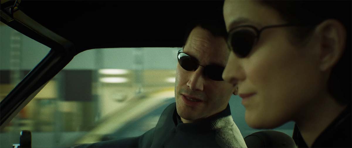 Virtual Keanu Reeves and Carrie-Anne Moss in The Matrix Awakens Unreal Engine 5.