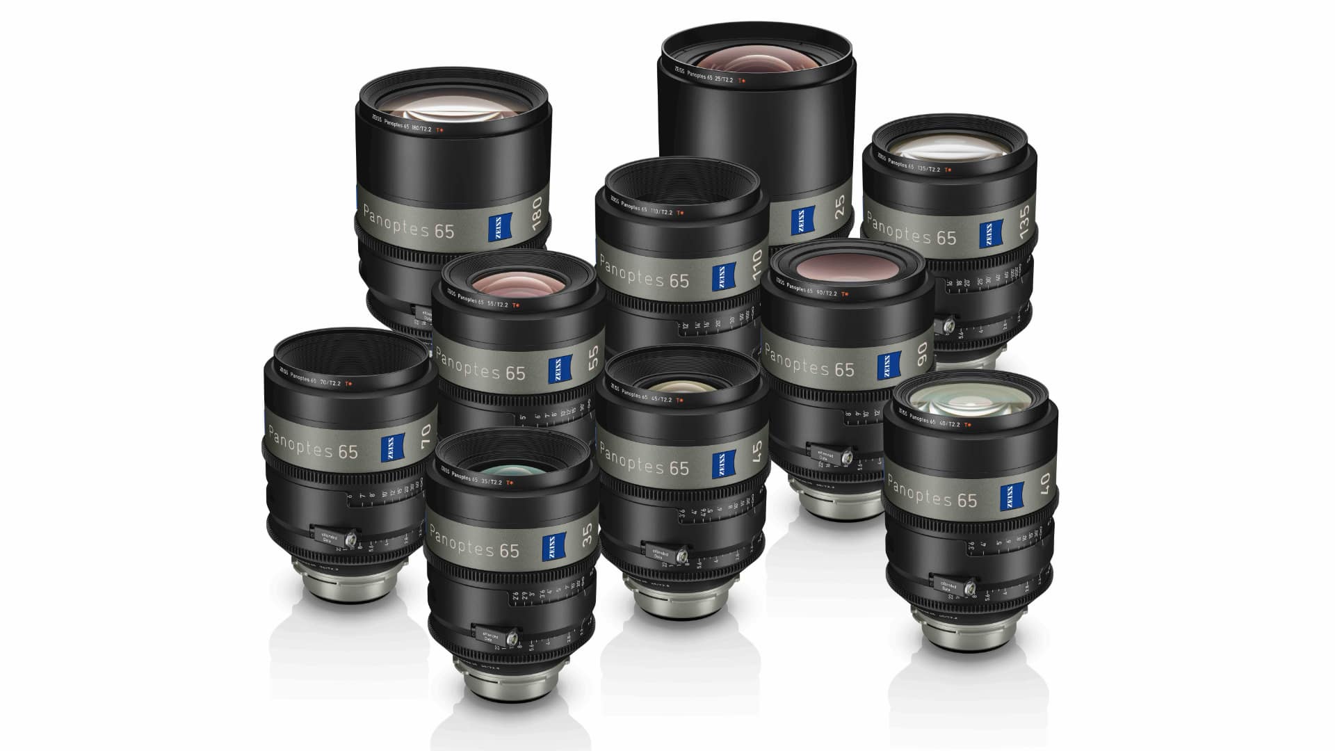 The complete ZEISS Panoptes 65 set of ten primes, covering 25mm to 180mm, all at T2.2