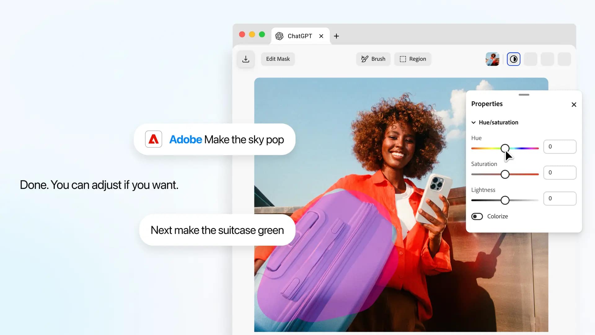 Adobe's ChatGPT plugin now has interactive editors: brush a selection, tweak sliders for hue or contrast, and more