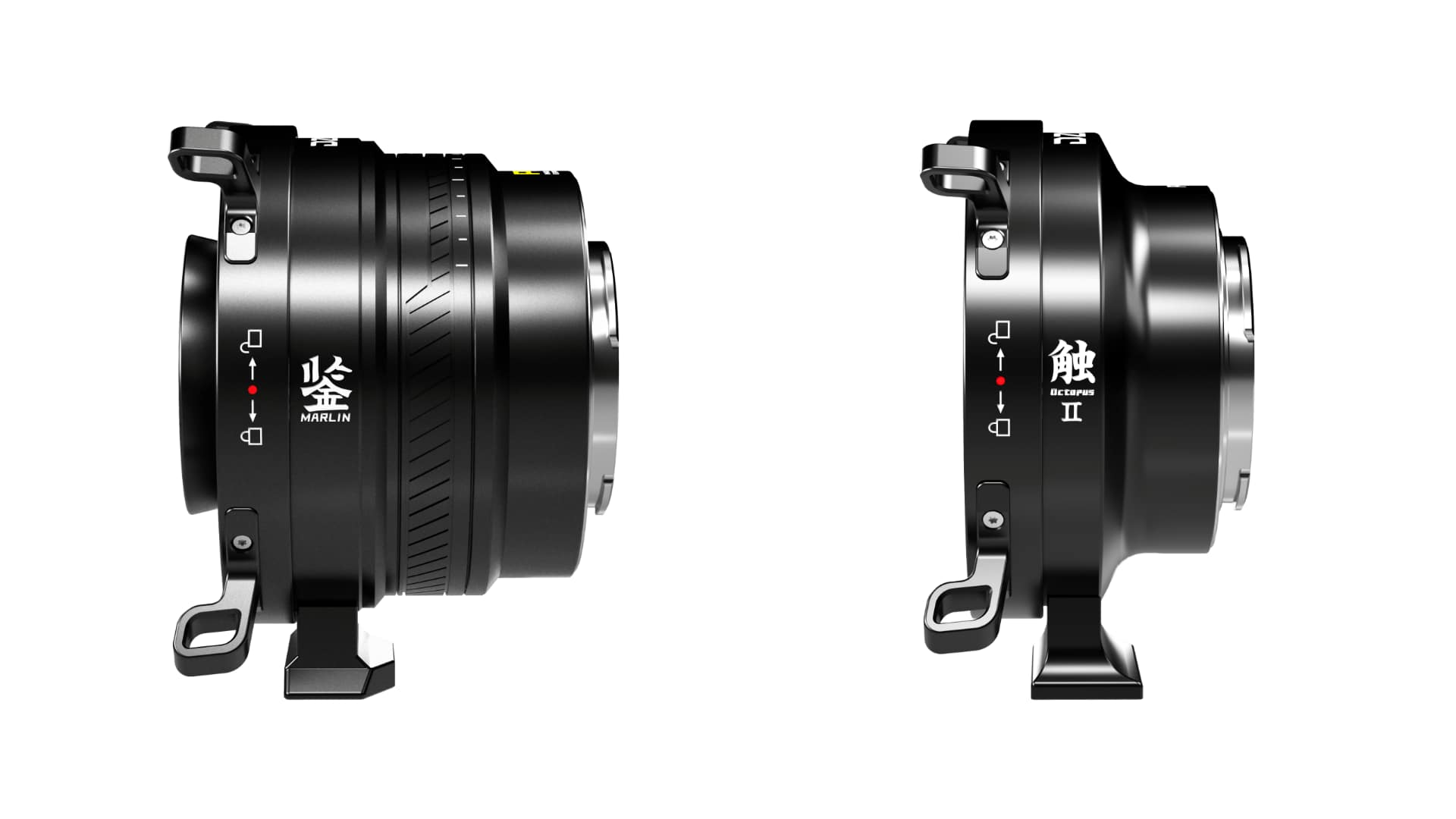 The DZOFILM Marlin 1.4x Extender (left) and Octopus II PL adapter (right)