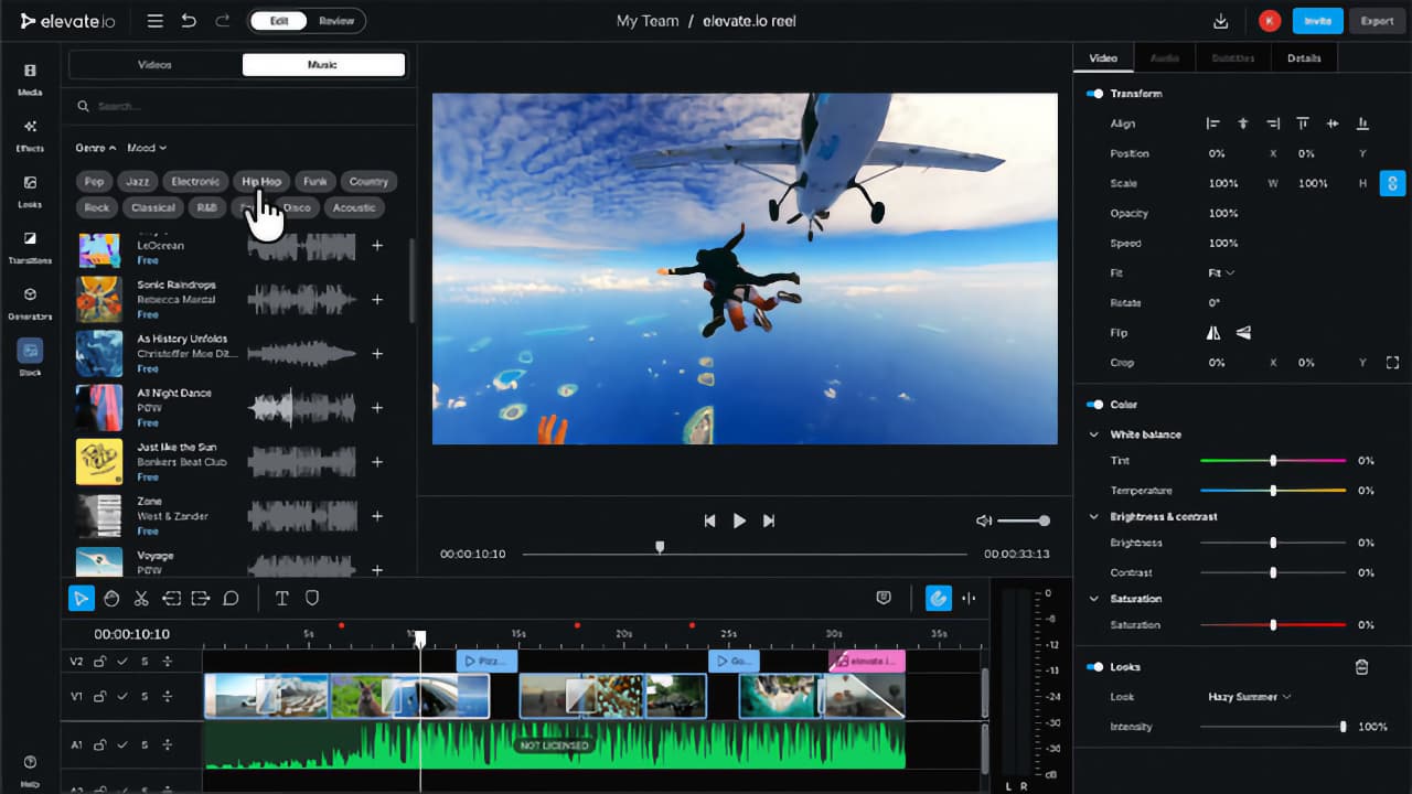 Users can now access the Epidemic Sound audio catalog from within the elevate.io interface