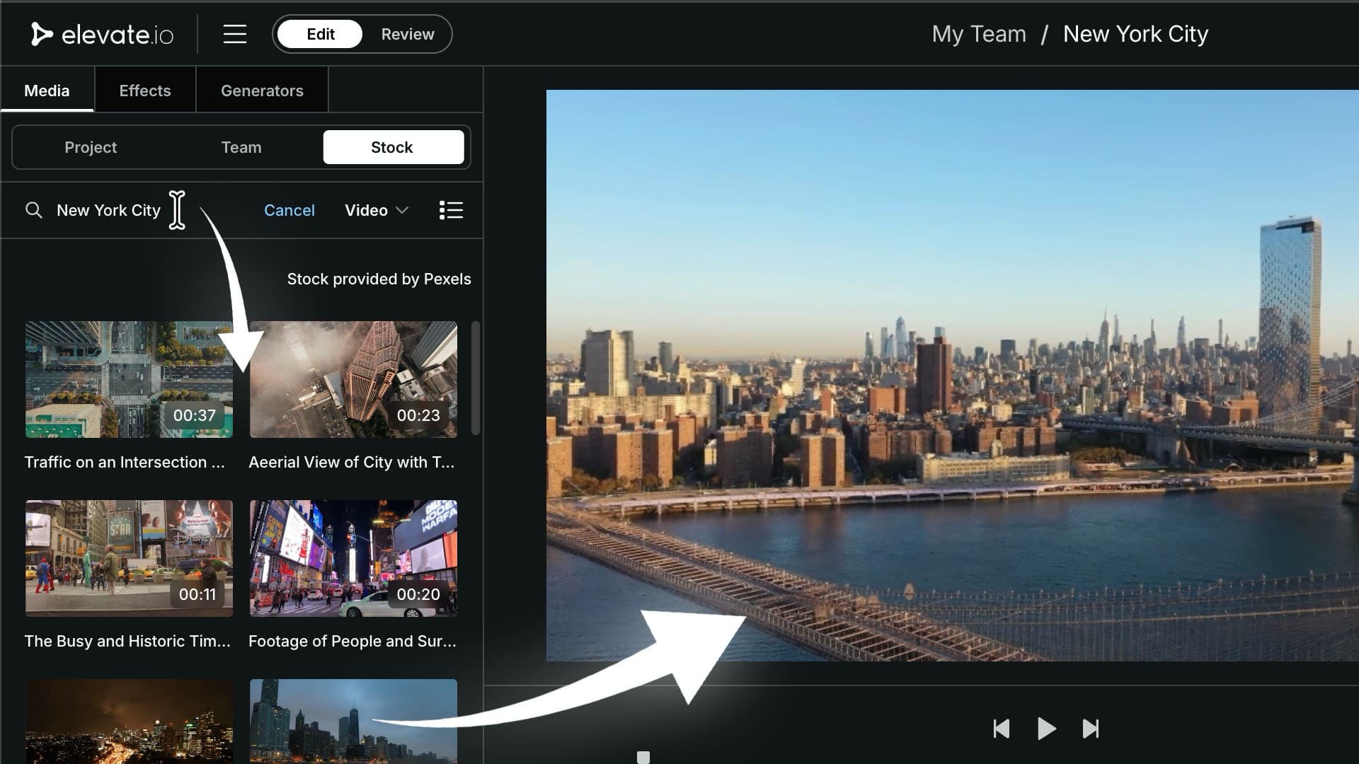 Search for stock footage directly from the elevate.io UI