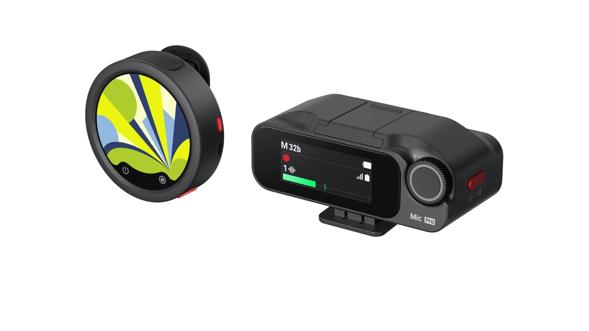 The Insta360 Mic transmitter, with its customizable E-Ink display, next to the Mic Pro receiver the two models share