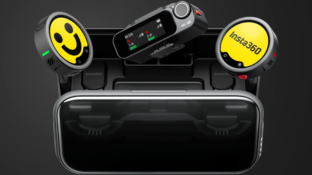 The Insta360 Mic Pro system includes a transmitter, receiver, and charging case that extends battery life to 30 hours
