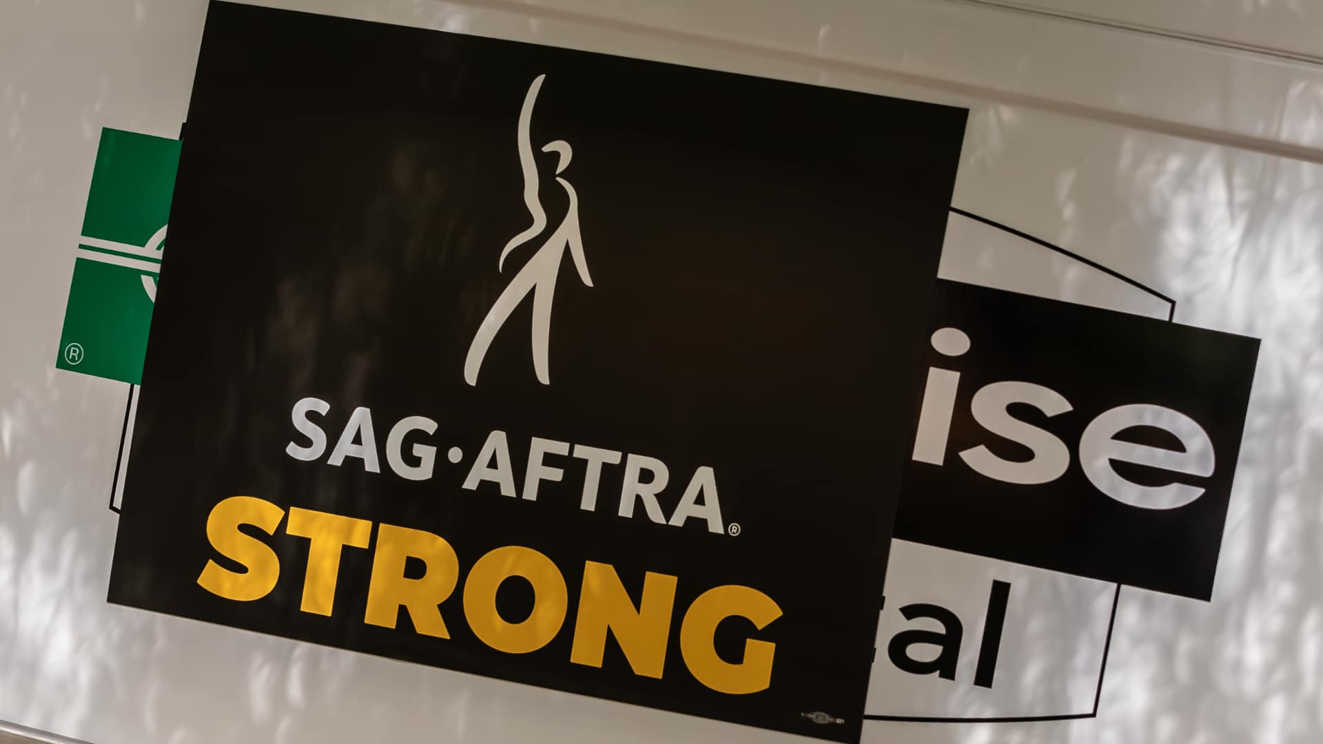 SAG-AFTRA logos were everywhere in 2023. Pic: 