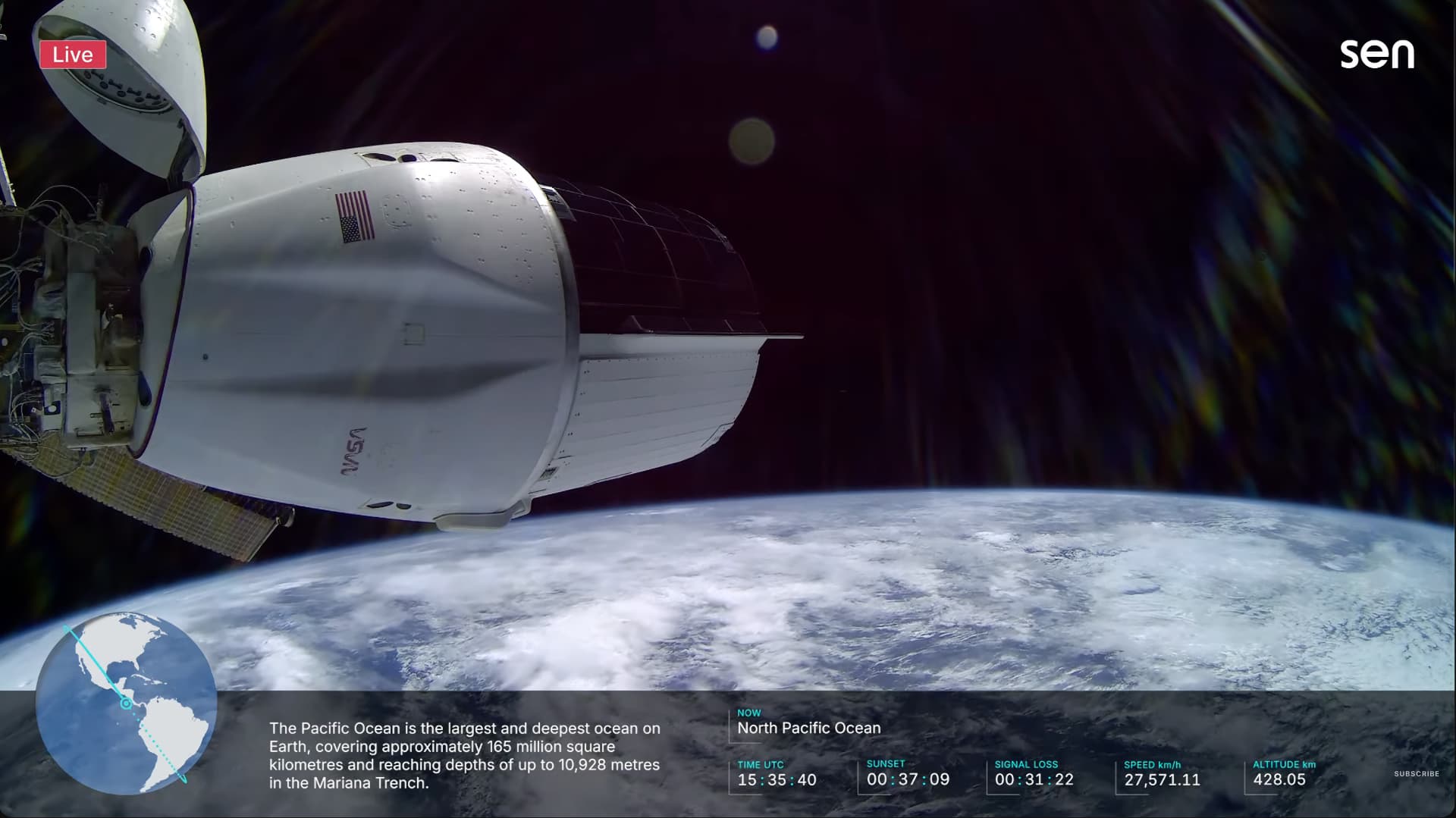 The Sen images also include a positional graphic and regularly updated info on the areas underneath the ISS