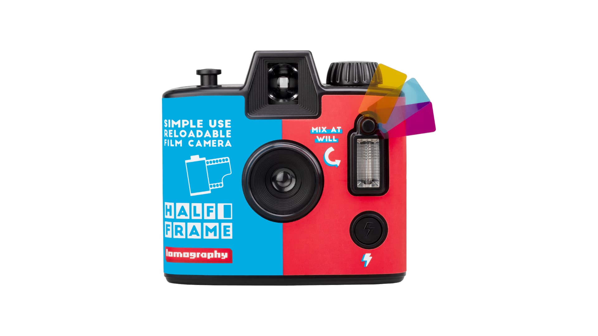 The color version of the Lomography Simple Use Half Frame camera includes three gels