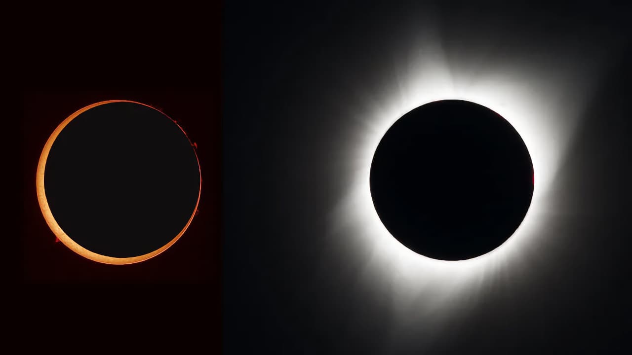 Composite: NASA. Left, Annular Eclipse: Stefan Seip (Oct 3, 2005). Right, Total Eclipse, NASA/Aubrey Gemignani (August 21, 2017)